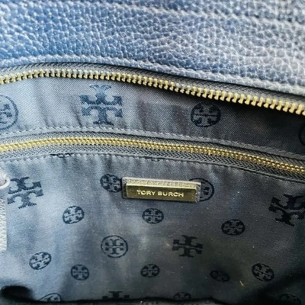 Tory Burch Thea Navy Blue Pebbled Leather Convertible Tote Shoulder Bag Chain VG